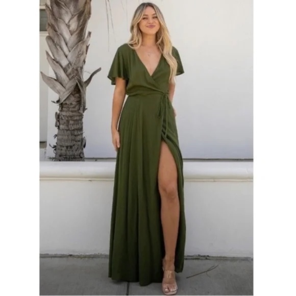 Olive Green Short Flutter Sleeve Wrap Spring Maxi Dress - Picture 2 of 5